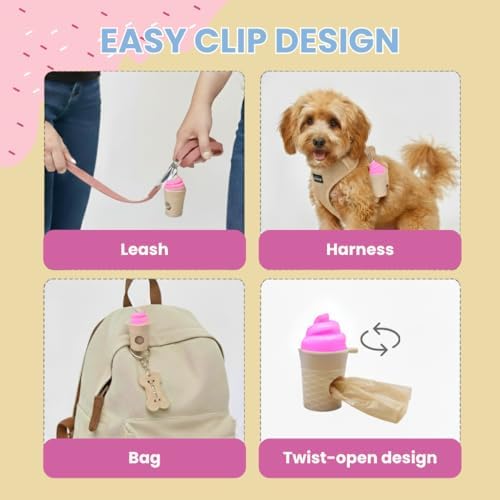 Ice Cream Dog Bag Dispenser | One Clip Doggie Poop Bag Holder | Bags Waste Container for Leash for Small Medium Large All Size Dogs | Cute and Fun Design | 15 Bags Included | Pink Color
