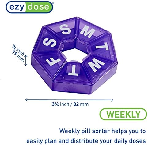 Ezy Dose Weekly (7-Day) Pill Organizer, 7-Sided Medicine Planner, Purple | Compact Daily Round Vitamin & Supplement Medicine Case, Convenient and Easy to Use, Travel-Friendly Container, BPA-Free