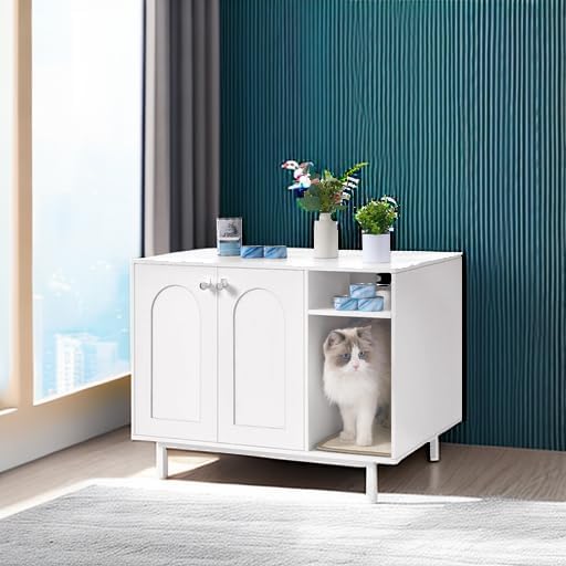 Hzuaneri Cat Litter Box Enclosure, Hidden Litter Box Furniture with Storage | Large Wooden Cabinet with Sisal Mat, Modern Cat Washroom for Living Room, Bedroom, Entryway, White CB01513W