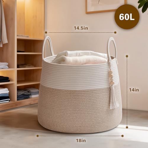 Large Nursery Hamper, 30L Blanket Basket with Handle, Baby Laundry Basket for Gift, Toy, Clothes, Woven Storage Basket with Wooden Bead Decor, Baby Hamper for Nursery (Black&Brown)