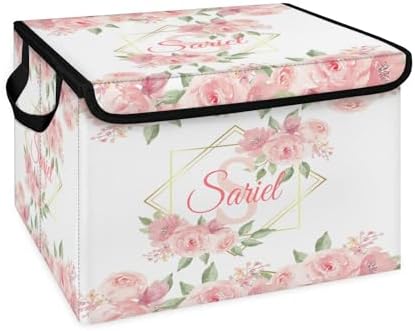 Pink Floral Storage Bin with Lid Personalized Storage Baskets for Organizing Foldable Closet Organizers with Handles,Cute Basket for Boys Girls for Clothes Blanket Pet Dog Toy Basket Storage (1 Pack)