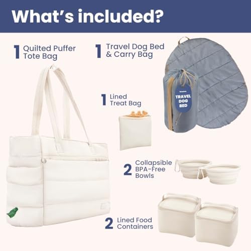 rubyloo Dog Mom Bundle - Puffer Tote with Storage Containers (Beige) and Foldable Travel Bed (Foggy Trail Grey) - Travel Bag and Cozy Mat Set