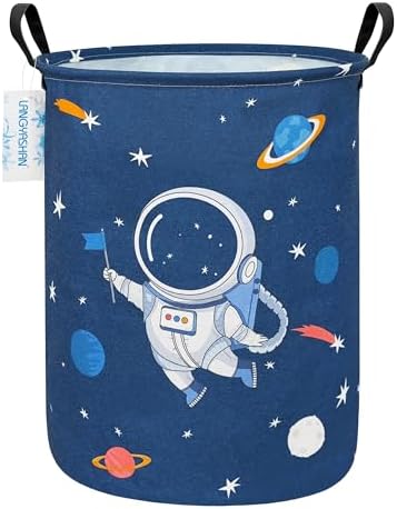 Round Laundry Basket Collapsible Storage Hamper Organizer Space Astronaut | Waterproof Canvas Foldable Baskets with sturdy Handles Multi-scene Organizer for Home Play Bedroom Gift Bin