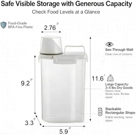 Gagee 4 Pack 3-5 Lb Pet Dog Cat Food Storage Container With Measuring Cup | Cereal Dry Food Flour Bin, Rice Dispenser, BPA Free Plastic Kitchen and Pantry Organization Bin for Sugar,Clear