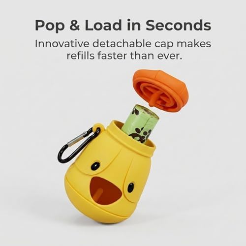 Dog Poop Bag Holder with Hands-Free Used Bag Clip & 1 Roll Bags | Cute silicone design with leash attachment and hands-free clip, making dog walking cleaner and more convenient outdoors