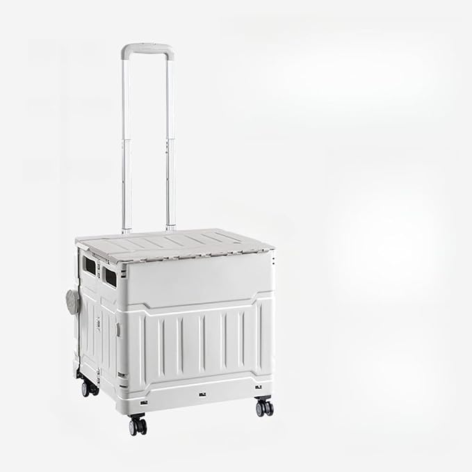 Collapsible Shopping Box Trolley on Wheels with Lid,75L Large Capacity Folding Portable Rolling Crate Handcart with Telescopic Handle for Camping (Grey,Straight Pull Style)