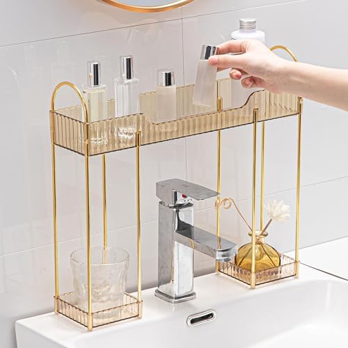YCIA&DONE Bathroom Countertop Organizer Over The Faucet, Narrow Counter Organizers Above Sink, Table Mounted Faucet Sink Shelf for Kitchen, Toilet, Laundry(Amber Gold)
