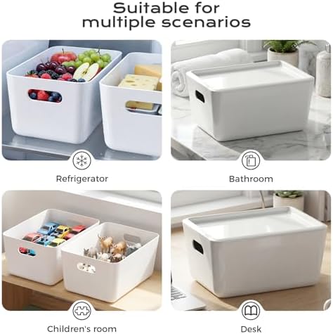 12 Pack White Storage Bins with Lids, PET Plastic Pantry Organizers and Storage, Small Storage Bins for Kitchen, Fridge, Bathroom, Office