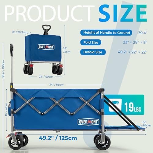 Overmont Folding Wagon with Tailgate, 300 lb Heavy Duty Collapsible Cart | 200L Large Capacity, All-Terrain Swivel Wheels with Dual Brakes, 49.2 in Extended Bed for Camping, Beach, Sports & Garden