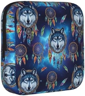Ladies Sanitary Pad Storage Bag Space Wolf Dreamcatcher, Portable Polyester Period Pouch, Holds Tampons Panty Liners Menstrual Cup for Outdoor