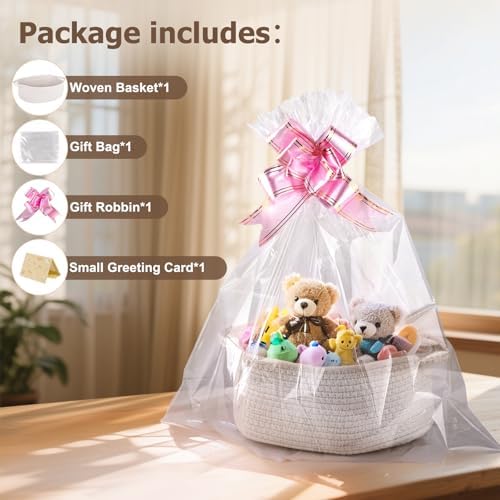 Small Woven Basket, 12" x 8" x 5", Gift Basket Empty with Ribbon and Gift Bag, Rope Basket for Baby Shower, Holiday Presents, Storage Basket with Handles for Nursery, Pet Toy Basket,White