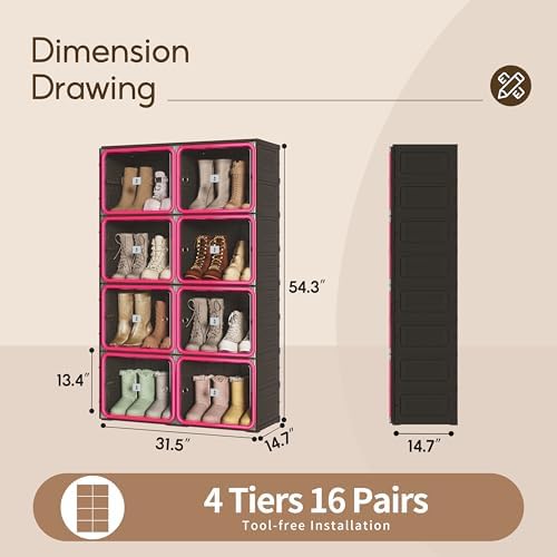 Shoe Rack Organizer, Shoe Storage Cabinet, Black 4-Tier 16-Pair | Foldable Shoe Rack for Closet with Transparent Magnetic Doors, Tool-Free Setup, Free Standing Boot Cabinet Box
