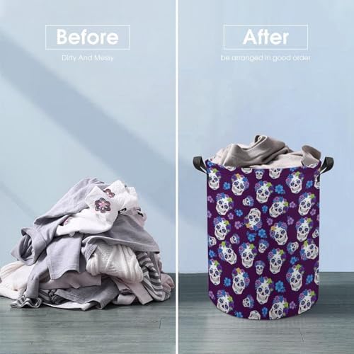 Collapsible Waterproof Laundry Basket Flowers And Skulls Purple, Portable Hamper with Handles for Clothes, Toys, and Home Organization