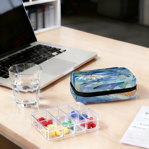 Travel Pill Organizer Water Lilies Dragonfly Art Small Pill Case