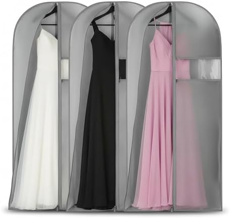 Kimmama Dress Bags for Gown, Garment Bag for Long Trench Coat, 23.6" x 65" | PEVA Clothes Cover, For Bridesmaid, Ball, Wedding Gown, Clear Windows, Dustproof, Keep Dry, Travel, 3 Pack