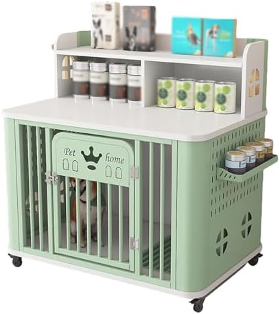 Portable Dog Crate with Storage Board for Cans, Dog Toilet Bottom, Universal Wheels, Ideal for Small & Medium Dogs - Grey & White