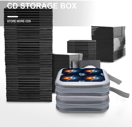 40-Capacity DVD CD Storage Wallet Ice Water Fire Flame Basketball, Heavy-Duty Hard Shell Binder, Portable Organizer with Strap for Car Travel