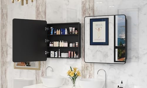 ACEMIRO 30x32 Inch Bathroom Medicine Cabinet with Mirror Black Metal Framed Mirror Cabinet Recessed or Surface Wall Mounted Medicine Cabinets for Bathroom