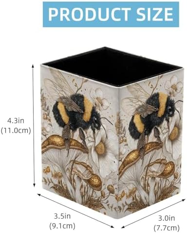 Bee and Mushroom Pen Holder for Desk Decor, Rectangular PVC Leather Pencil Cup for Desk Pen Organizer, Makeup Brush Holder for School, Home, Office