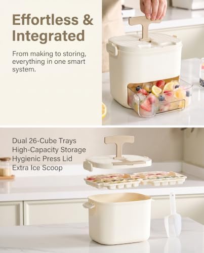 Ice Cube Tray with Storage Bin, One-Press 52-Grid, Beige | Food-grade PET, odor-free sealed lid, drawer access, portable handle, ice scoop, space saving mold for whiskey & cocktails