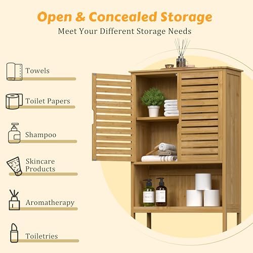 Yardenaler Over-The-Toilet Storage Shelf with Doors, Bathroom Freestanding Bamboo Organizer Space Saver with Adjustable Shelf, Natural