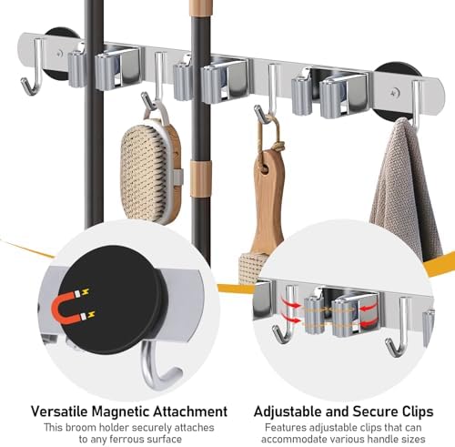 KIBBEH Heavy-Duty Magnetic Storage Rack for Brooms and Mops | Wall-Mounted Non-Slip Holder, Strong Magnetic Hooks for Hanging Tools