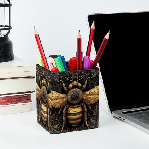 Artistic Bee Pen Holder for Desk Decor, Rectangular PVC Leather Pencil Cup for Desk Pen Organizer, Makeup Brush Holder for School, Home, Office
