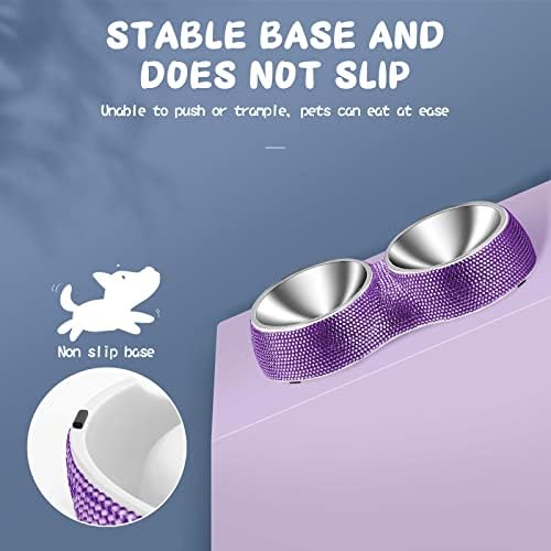 eing Dog Bowls Double Dog Water and Food Bowls Stainless Steel Bowls with Non-Slip Resin Station and Bling Rhinestones, Pet Feeder Bowls for Puppy Medium Dogs Cats Puppy Pets,Purple
