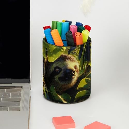 Faux Leather Pen Holder for Desk, Pencil Organizer Sloth Pen Cup Desk Decor Makeup Brush Holder Storage for Office Home
