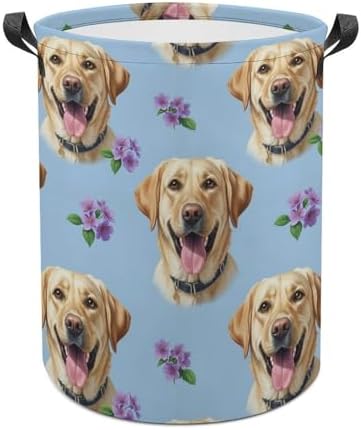 Collapsible Clothes Basket with Handles Floral Yellow Labrador Dog Pet Painting, Large Waterproof Laundry Hamper for Toy, Towel, and Home Organization