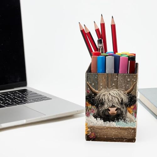 Barrel and Highland Cow Pen Holder for Desk Decor, Rectangular PVC Leather Pencil Cup for Desk Pen Organizer, Makeup Brush Holder for School, Home, Office