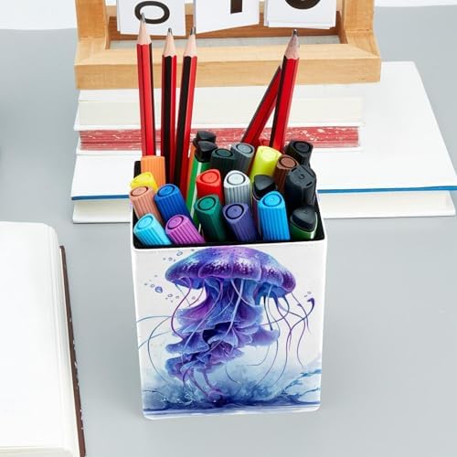 Jellyfish Pen Holder for Desk Decor, Rectangular PVC Leather Pencil Cup for Desk Pen Organizer, Makeup Brush Holder for School, Home, Office