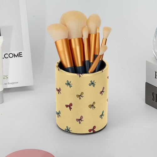 Faux Leather Pen Holder for Desk, Pencil Organizer Colorful Bow Pen Cup Desk Decor Makeup Brush Holder Storage for Office Home