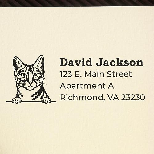 Peeking Egyptian Mau Cat Address Stamp Self-Inking - Clear Impressions | Personalized Address Stamp Egyptian Mau Cat. Custom Address Stamp for Holiday Cards. 4 case colors. Laser-cut.