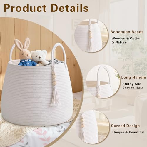 Large Nursery Hamper, 30L Blanket Basket with Handle, Baby Laundry Basket for Gift, Toy, Clothes, Woven Storage Basket with Wooden Bead Decor, Baby Hamper for Nursery (Black&Brown)