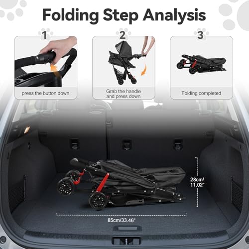 Dog Stroller, Foldable 4-Wheel Pet Strolling Cart for Small/Medium Dogs & Cats, Easy One-Button Fold, 360 Swivel Wheels & Rear Brakes, Breathable Mesh, Cup Holder & Storage for All-Season Use