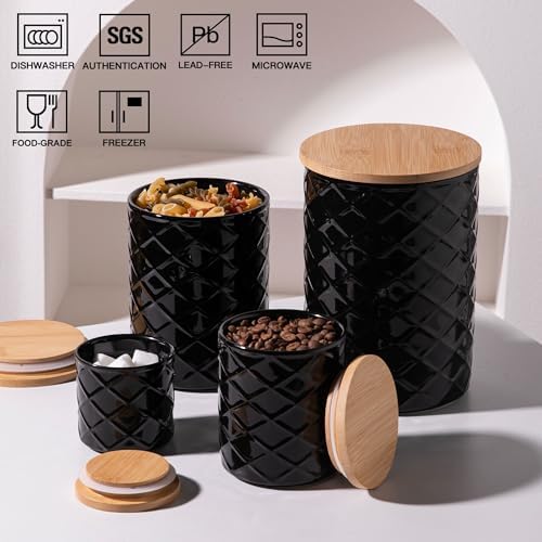 Sweejar Ceramic Canisters Sets for Kitchen Countertop, Relief Food Storage Jar with Bamboo Lid, Stackable Container for Flour, Coffee, Pasta, Cereal, Tea, Cookies, Sugar, Spices, Pack of 4 (Black)