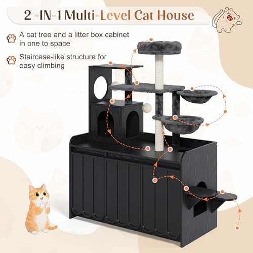 50.6 Inch Cat Tree with Litter Box Enclosure and Storage, Black | Hidden Litter Box Cabinet with Multi-Level Platforms, Dual Hammocks, Sisal Scratching Posts, Condo and Top Perch for Play