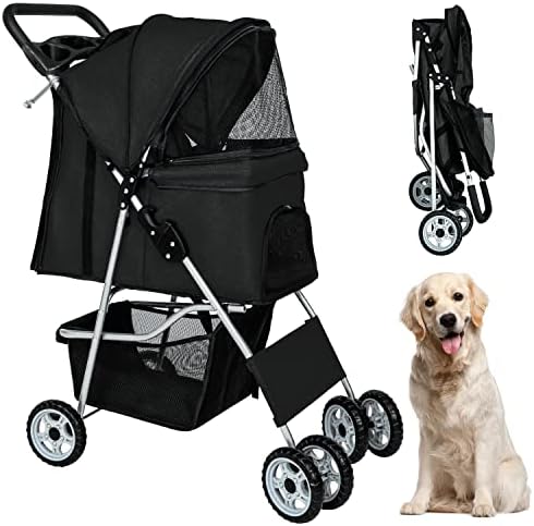BestPet | 4-Wheel Foldable Pet Stroller | Black | Lightweight & Portable | Travel Carrier with Mesh Windows, Storage Basket, Cup Holder, Safety Brakes, and Waterproof Fabric | For Small Dogs and Cats