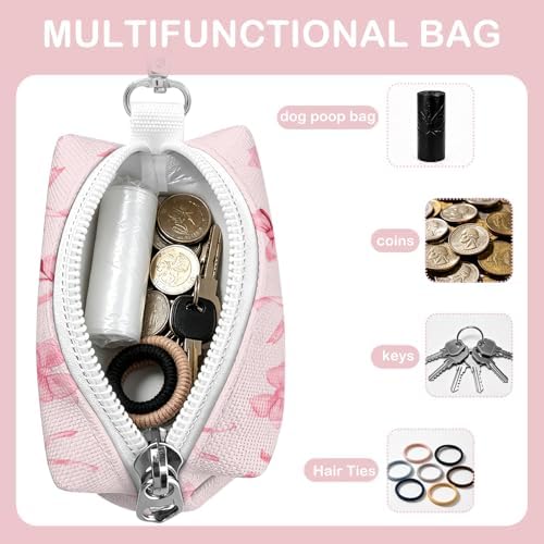Dog Waste Bag Dispenser with Zippered Pouch, Durable Polyester Dog Poop Bag Holder for Leashes, Portable Lightweight Pink Bow Pet Doggy Waste Bag Holder