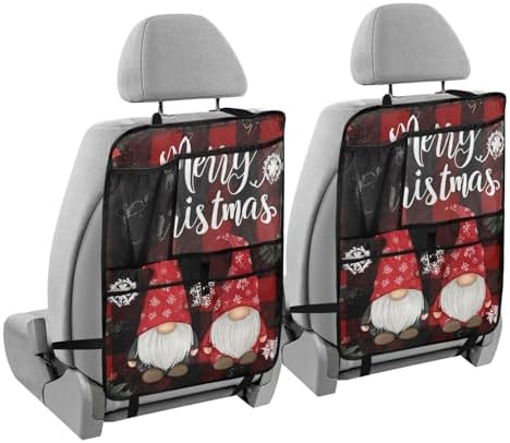 2 Pack Back Seat Car Organizer with Storage Pockets Kick Mats Back Seat Protector Hanging Car Organizer Automotive Seat Back Cover Organizers Red and Black Checkered Christmas Gnomes