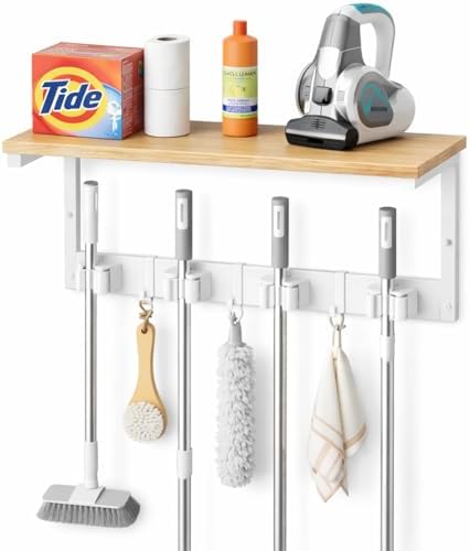 Upgraded Broom Holder Wall Mount with Shelf, Mop and Broom Organizer Wall Hanging, Cleaning Supplies Organizer (small)
