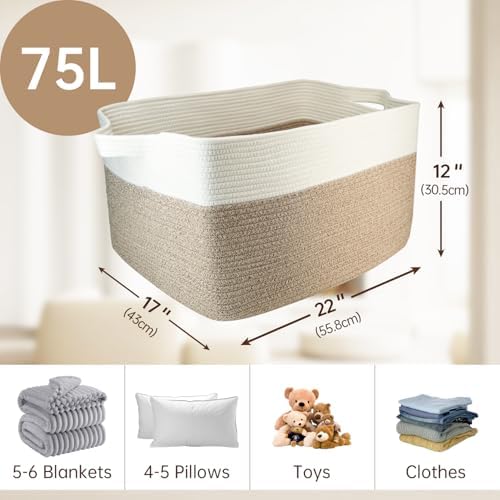 75L Large Basket 22" x 17" x 12",Large Blanket Basket with Handle,woven Cotton Rope baskets for storage,Storage Baskets for Organizing