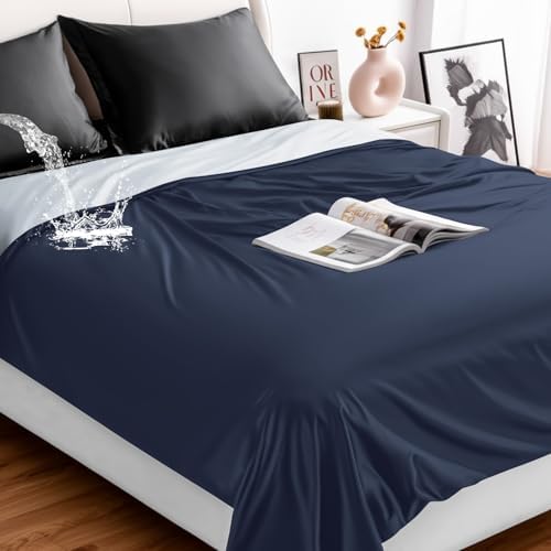 Tisancy Lightweight Waterproof Blanket Queen Size, 78" x 82" Thin Summer Bed Protector Sheet with TPU Layer, Washable Stain Resistant Mattress Cover for Bed, Sofa and Pet Use, Navy Blue