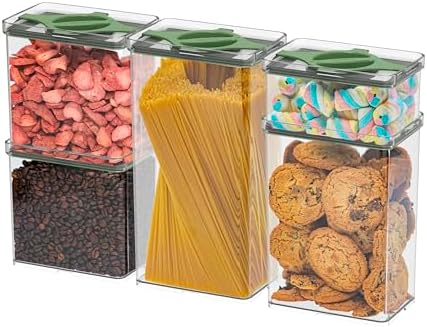 Airtight Pantry Storage Container 5 PC Set, Twist-Lock Lid, Green | 0.8qt, 1.9qt ×2, 3qt, 4qt Leakproof Detachable Lid for Easy Cleaning, Cereal, Pasta, Rice, Oats, Snack Storage BPA-free