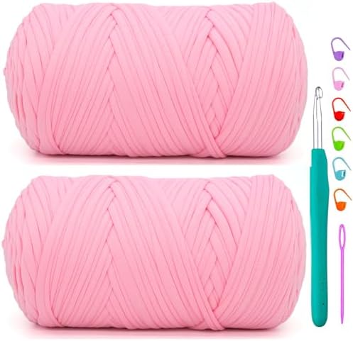 2 Pack Tshirt Yarn for Crochet,Rose Pink T Shirt Soft Elastic Fabric Chunky Thick T-Shirt Crochet Yarn for Crocheting Knitting Beginner Hand Knitting Bag/DIY Craft/Home Decor 2 * 400G-Rose Pink