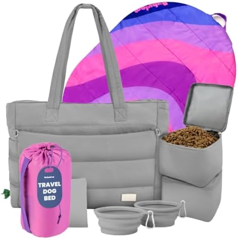 Rubyloo Dog Mom Bundle - Puffer Tote with Storage Containers (Grey) and Travel Dog Bed Large (42”x30”) (Pink Horizon) - Travel Bag and Portable Outdoor Bed Set