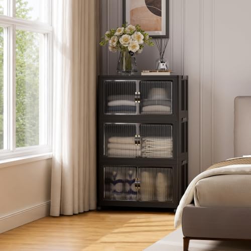 SAILUN 348Qt Stackable Storage Bins,Storage Cabinet with a Lid,3 Pack Black