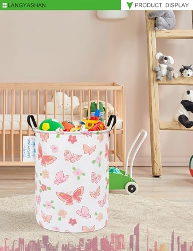 Round Laundry Basket Collapsible Storage Hamper Organizer Pink Butterfly | Waterproof Canvas Foldable Baskets with sturdy Handles Multi-scene Organizer for Home Play Bedroom Gift Bin