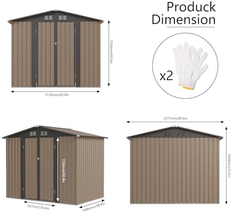 7.4FT x 5.3FT Storage Garden shed with Apex Roof for Patio Backyard use Galvanized Steel Tool Sheds Storage House